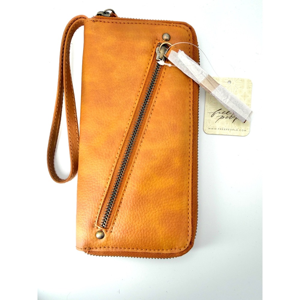 Free People Distressed Vegan Leather Wristlet Wallet Brown NWT Boho Zip Around